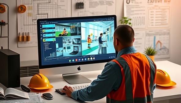 An immersive digital construction training session displayed on a computer screen, with a construction professional interacting with virtual tools and simulations, surrounded by construction blueprints and safety gear, illustrating the modern and engaging learning experience provided by ConstructPro Learning Hub.