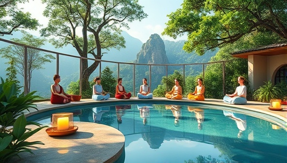 An enchanting visual representation of a serene virtual wellness retreat setting, featuring tranquil nature scenes, meditation spaces, and wellness workshops conducted by virtual experts, evoking a sense of relaxation and rejuvenation, synonymous with the WellnessWander experience.