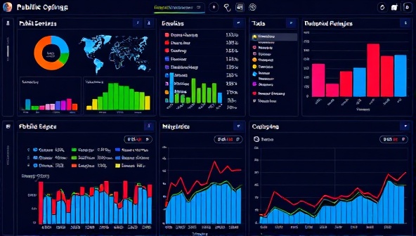 A digital interface displaying colorful data visualizations and charts representing public opinion poll results, with diverse demographic groups and trend lines, symbolizing a comprehensive and insightful analysis of public sentiment.