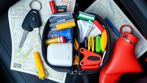 An image of a diverse range of emergency items neatly arranged in a compact and portable car kit, surrounded by car keys, a map, and a flashlight, suggesting preparedness and safety on the road.