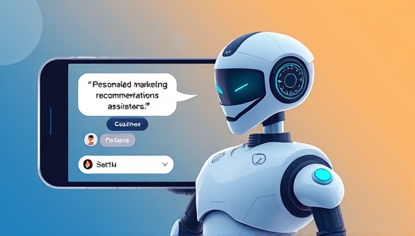 An illustration of a virtual assistant chatbot interacting with a customer on a smartphone screen, displaying personalized marketing recommendations and engaging conversation, highlighting the AI-powered assistance provided by the chatbot.