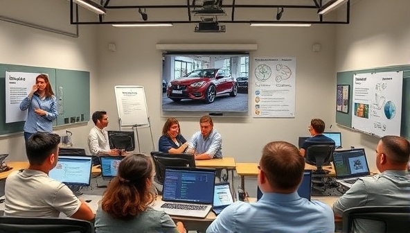 A virtual classroom setting with a diverse group of participants attending an online car maintenance workshop, with interactive tools, diagrams, and a knowledgeable instructor guiding them through practical demonstrations, showcasing the educational and hands-on aspects of the platform.