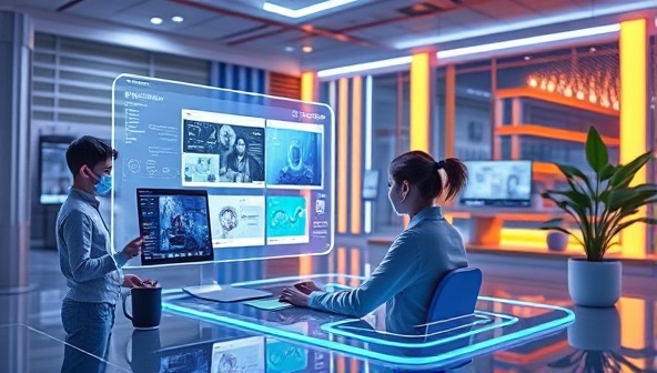 A futuristic digital workspace with a user interacting with a holographic interface, designing a website effortlessly with the help of an AI assistant, reflecting innovation and ease of use.