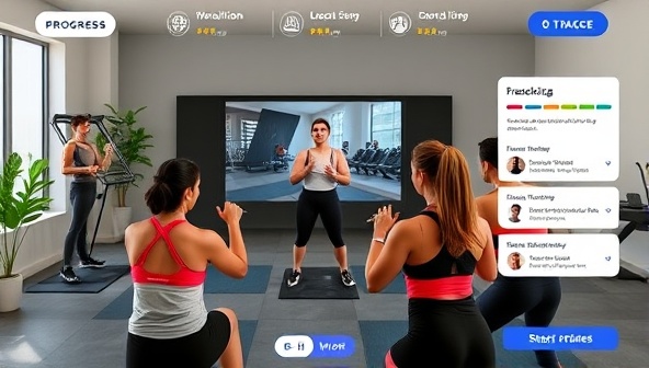 An engaging virtual fitness challenge scene featuring participants engaging in a group workout session led by a virtual trainer, with progress trackers, motivational messages, and a supportive online community, illustrating the dynamic and interactive fitness experience offered by FitFusion Challenges.