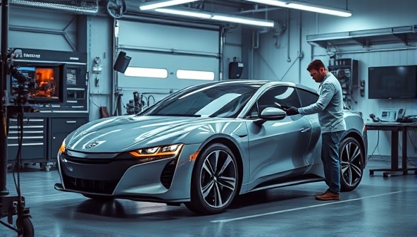 An innovative marketing image showing a sleek self-driving car receiving maintenance from a specialized technician, with futuristic tools and diagnostic equipment in a high-tech garage setting.