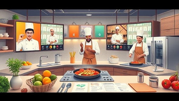 An engaging digital illustration showcasing a virtual kitchen environment with multiple screens displaying live cooking demonstrations by chefs from different cultural backgrounds, surrounded by ingredients, utensils, and interactive recipe cards, evoking a sense of culinary diversity and shared cooking experiences.