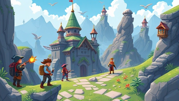 An immersive fantasy world with pixelated characters embarking on a web design quest, solving design challenges, earning virtual badges, and interacting with a diverse community of fellow designers, capturing the engaging and interactive essence of WebCraftQuest's gamified learning platform.