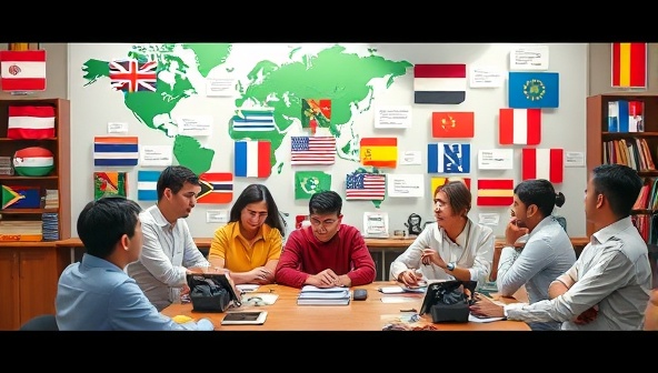 An international language exchange scene showcasing virtual participants engaging in language conversations in multiple languages, with cultural elements, flags, and language learning tools displayed in a digital environment, creating a dynamic and diverse linguistic community.