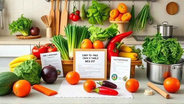 A vibrant kitchen setting with a variety of fresh produce, recipe cards, and cooking utensils laid out for preparing a farm-to-table meal kit, creating a colorful and inviting scene that embodies freshness and sustainability in home cooking.