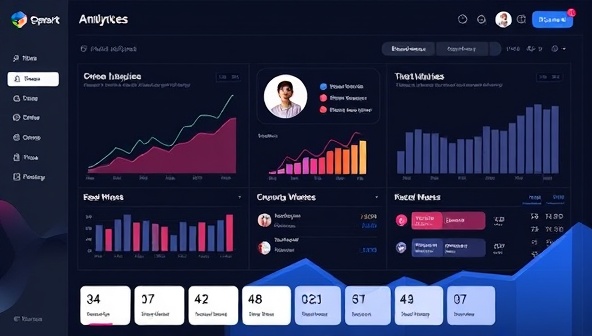 A digital platform dashboard showing analytics graphs, influencer profiles, and brand collaborations, symbolizing data-driven influencer management and brand partnerships in the virtual world.