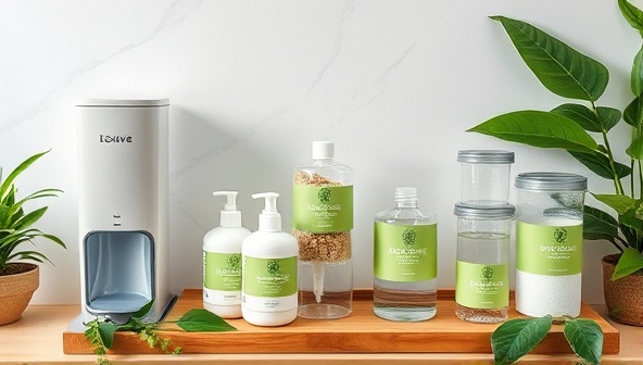 An eco-friendly refill station setup featuring sleek dispensers of beauty products, reusable containers, plant-based labels, and greenery accents, creating a visually appealing and environmentally conscious space that promotes sustainability and conscious consumption in the beauty industry.