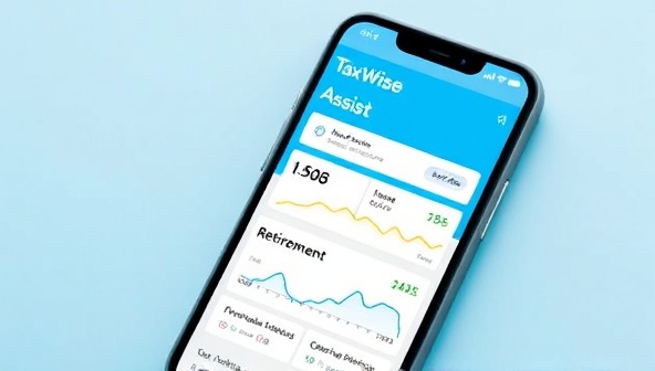 An interactive smartphone screen displaying the TaxWise Assist app interface, with financial graphs, tax-saving recommendations, and retirement planning tools, illustrating user-friendly and personalized financial guidance.