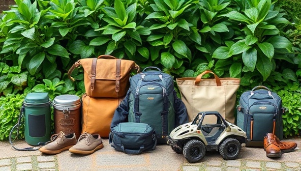 An array of eco-friendly travel gear neatly displayed against a backdrop of lush greenery, showcasing the sustainable and nature-friendly aspect of the rental service, inviting customers to explore the outdoors sustainably.