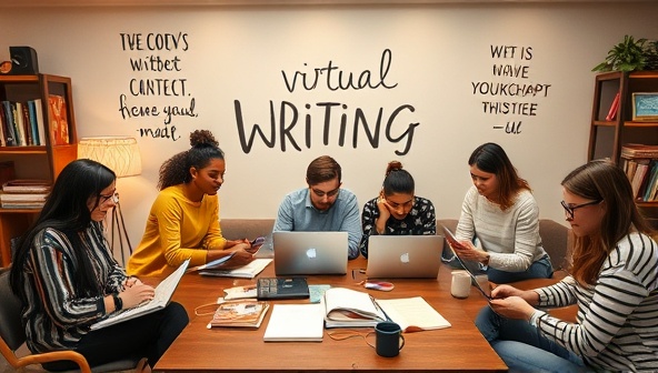 An image of a cozy virtual writing workshop setting, with a group of diverse individuals engrossed in their writing tasks on laptops or notebooks, surrounded by inspirational quotes and writing tools, evoking creativity and community.