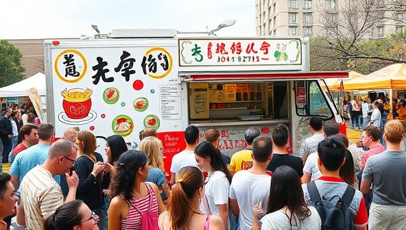 A vibrant food truck adorned with colorful dumpling illustrations, surrounded by a bustling crowd of hungry customers eagerly sampling different dumpling varieties at a local food festival.