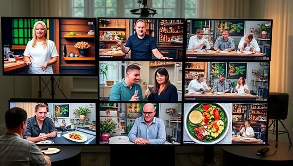 An engaging and dynamic online event setup with multiple screens showing live cooking demonstrations, ingredient showcases, and participants enjoying various dishes, creating a vibrant and interactive virtual food tasting atmosphere.