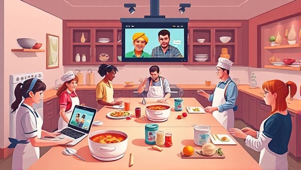 An illustration depicting a virtual cooking competition with multiple contestants cooking simultaneously in their kitchens, while judges provide feedback and commentary via video call, capturing the excitement and camaraderie of the event.