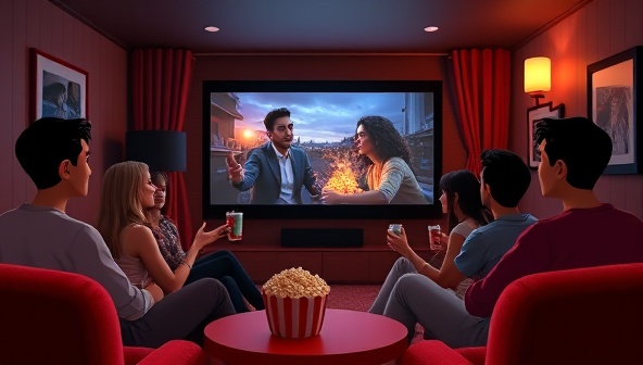 An immersive home theater setup with avatars of movie club members enjoying a synchronized film screening, popcorn and drinks in hand, engaging in animated discussions and reactions to the movie, creating a cozy and communal movie night experience.