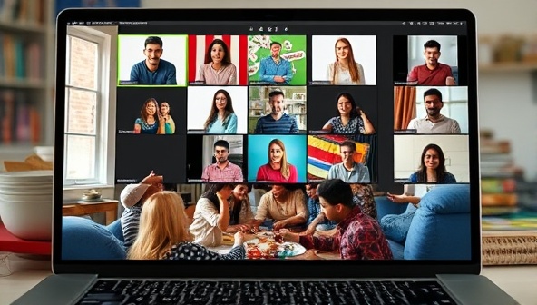 An online platform interface displaying a virtual language lesson with a diverse group of participants engaged in interactive cultural activities, showcasing the immersive and educational nature of the experience.