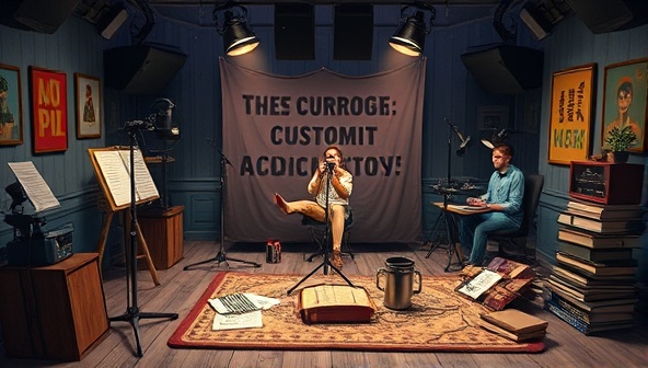 An artistic digital representation of a studio setup with voice actors recording custom audio stories, surrounded by themed props and scripts, capturing the behind-the-scenes creative process of crafting personalized audio narratives on the AudioCraft Tales platform in a visually compelling and storytelling-focused manner.