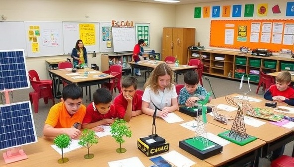 A dynamic classroom setting with students eagerly exploring hands-on sustainable energy experiments from the EcoEd Learning kits, surrounded by colorful solar panels, wind turbine models, and hydroelectric setups, fostering a collaborative learning environment filled with curiosity and discovery.