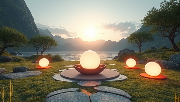 An immersive VR environment depicting a serene and picturesque landscape with softly glowing orbs representing different meditation sessions, inviting users to step into the ZenVR Oasis for a peaceful and rejuvenating experience.
