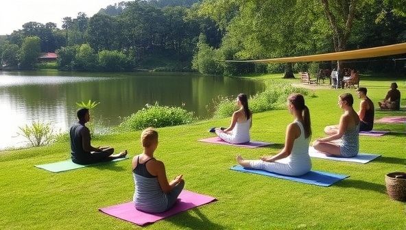 A serene wellness retreat setting with participants meditating by a tranquil lake, engaging in yoga sessions on a lush green lawn, and enjoying healthy meals under a shaded canopy, surrounded by nature's beauty and a sense of peace and serenity, capturing the essence of a transformative wellness retreat experience.