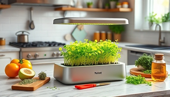 An inviting kitchen setting with a sleek and modern microgreen growing kit displayed on a countertop, showcasing vibrant green sprouts and organic seeds, surrounded by fresh ingredients and culinary utensils, illustrating the simplicity and freshness of homegrown microgreens in daily cooking.