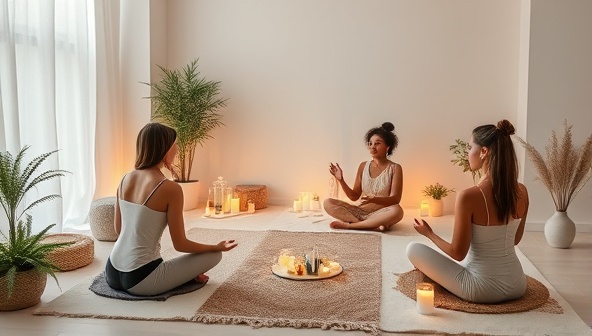 A serene virtual beauty wellness retreat setting with participants engaging in beauty self-care activities, meditative practices, and wellness workshops, surrounded by calming beauty products and natural elements, evoking a tranquil and rejuvenating beauty retreat experience from home.