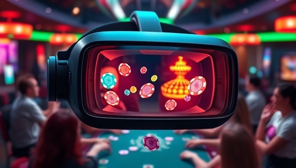 A futuristic virtual reality headset displaying a vibrant casino scene with digital chips floating in the air, surrounded by excited avatars engaged in a poker game, illustrating the immersive and cutting-edge nature of the VR platform.