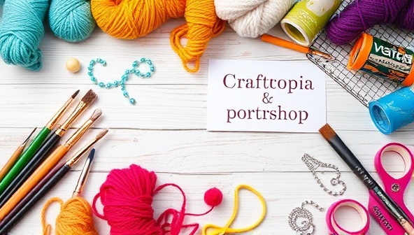 An artistic flat lay of a craft workshop table with colorful yarn, paintbrushes, beads, and a completed DIY project, conveying the creativity and hands-on experience provided by Craftopia Creations' subscription boxes.