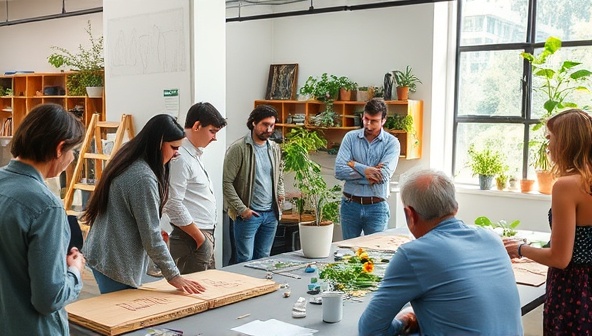 An interactive sustainability workshop at SustainArch Labs with participants engaging in hands-on activities, discussing sustainable design concepts, and exploring eco-friendly building materials, with a focus on collaboration and innovation in sustainable architecture as highlighted in the workshop series.