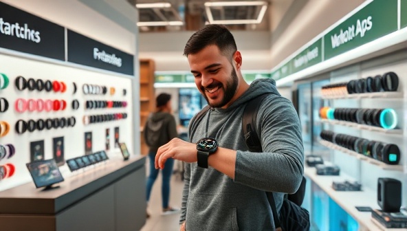 An image of a modern and sleek tech store interior with vibrant displays of fitness trackers, smartwatches, and workout apps, featuring a customer trying on a smartwatch with excitement, capturing the essence of FitTech Hub's innovative offerings.