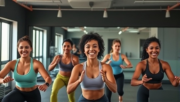 An energetic and motivational virtual fitness class scene with a diverse group of participants following an online workout session led by a fitness trainer, displaying teamwork, dedication, and positive energy in achieving fitness goals together.