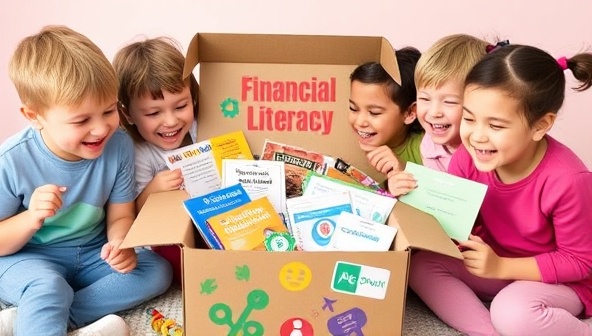 An exciting and colorful subscription box filled with educational materials, games, and toys related to financial literacy, surrounded by happy kids engaging with the contents, sparking curiosity and learning in a playful manner.