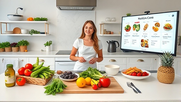 A virtual kitchen setup with a nutrition coach conducting a live cooking demonstration, surrounded by fresh ingredients, cooking utensils, and a digital screen displaying meal plans and nutritional information, creating an interactive and educational nutrition coaching experience.