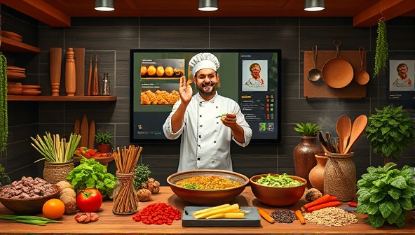 An immersive digital illustration of a virtual cooking class setup, featuring a chef demonstrating a traditional dish on a screen, surrounded by ingredients, spices, and cooking utensils representative of different global cuisines, creating a vibrant and educational atmosphere.