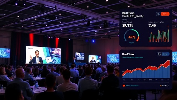 An engaging virtual event platform interface showing a dynamic online conference with interactive features, attendees networking virtually, and real-time engagement metrics displayed, illustrating the future of virtual events.