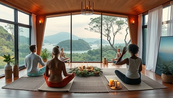 A serene virtual retreat setting with participants engaging in meditation, yoga, and relaxation practices amidst tranquil nature scenes and soothing sounds, surrounded by calming elements like candles, incense, and mindfulness tools, evoking a sense of inner peace and wellness during travel.