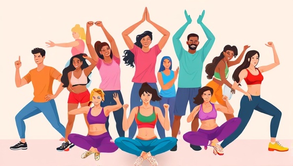 A vibrant digital illustration of diverse individuals exercising together virtually, each showcasing a unique fitness move, symbolizing inclusivity, motivation, and community in fitness challenges.