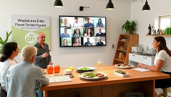 An interactive workshop setup with a presenter demonstrating food preservation techniques, a virtual audience actively participating in discussions, and a kitchen counter displaying creative upcycled dishes made from leftover ingredients, illustrating a community-driven approach to sustainable eating with WasteLess Eats.