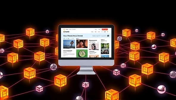 A dynamic image of interconnected blockchain blocks forming a network around a computer screen displaying various web design projects, symbolizing the secure and collaborative nature of BlockWebDesign's marketplace.