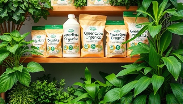 An image of a shelf display showcasing the GreenGrow Organics fertilizer products in eco-friendly packaging, surrounded by lush green plants thriving with the help of the organic fertilizers, conveying a message of sustainability and plant care harmony.