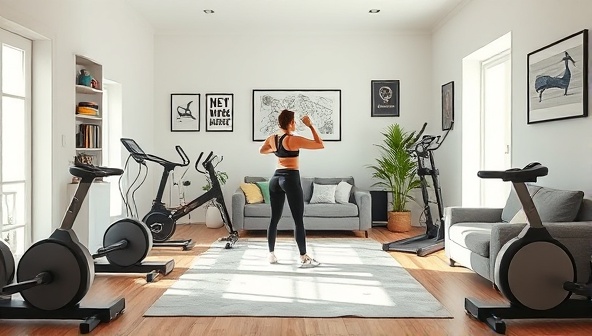 An inviting image of a home workout space featuring rented fitness equipment neatly arranged in a modern living room, with a person engaging in a workout routine surrounded by motivational decor and natural lighting, showcasing the convenience and versatility of the rental service.