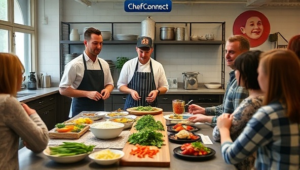 An interactive virtual cooking class setting on ChefConnect, showcasing a chef demonstrating a cooking technique with participants following along, ingredient kits neatly arranged, and a lively cooking atmosphere that captures the essence of culinary exploration and learning.