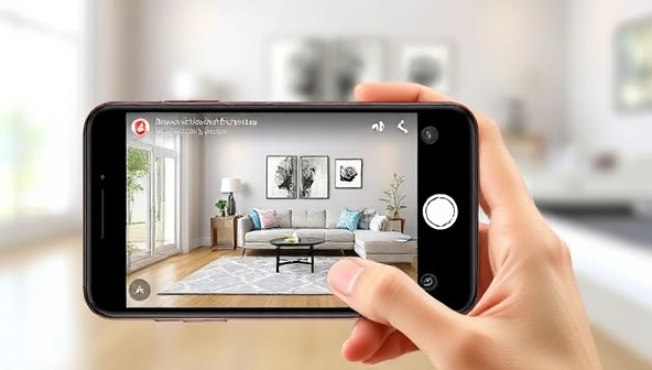 An AR-powered smartphone displaying a lifelike virtual furniture placement in a room setting, with interactive features for customization and exploration, illustrating the immersive and engaging product visualization capabilities of AR Visionary Studio.