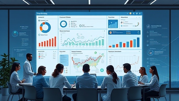 A dynamic data visualization dashboard displaying key health metrics and trends, surrounded by a diverse team of data analysts and healthcare professionals collaborating on optimizing patient care through data-driven insights, illustrating the power of MedInsight Analytics in transforming healthcare analytics.