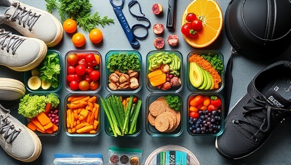 An energizing image of a variety of plant-based meal prep containers neatly arranged with vibrant colors and fresh ingredients, accompanied by workout gear and sports accessories, conveying the fusion of fitness and nutrition for optimal performance and recovery.