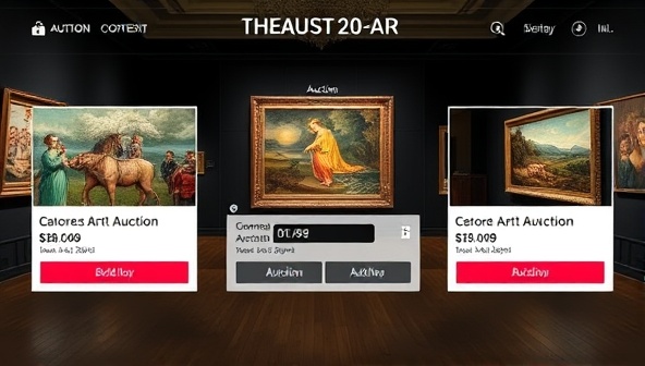An elegant and sophisticated online art auction setup with high-quality images of art pieces, auction timers, and bidding buttons, creating a virtual gallery experience for users to explore and discover new artworks.