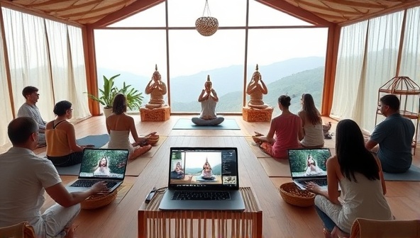 An immersive virtual retreat scene with participants engaging in yoga poses, meditation, and wellness activities on their laptops, creating a serene and revitalizing atmosphere for well-being and self-care.